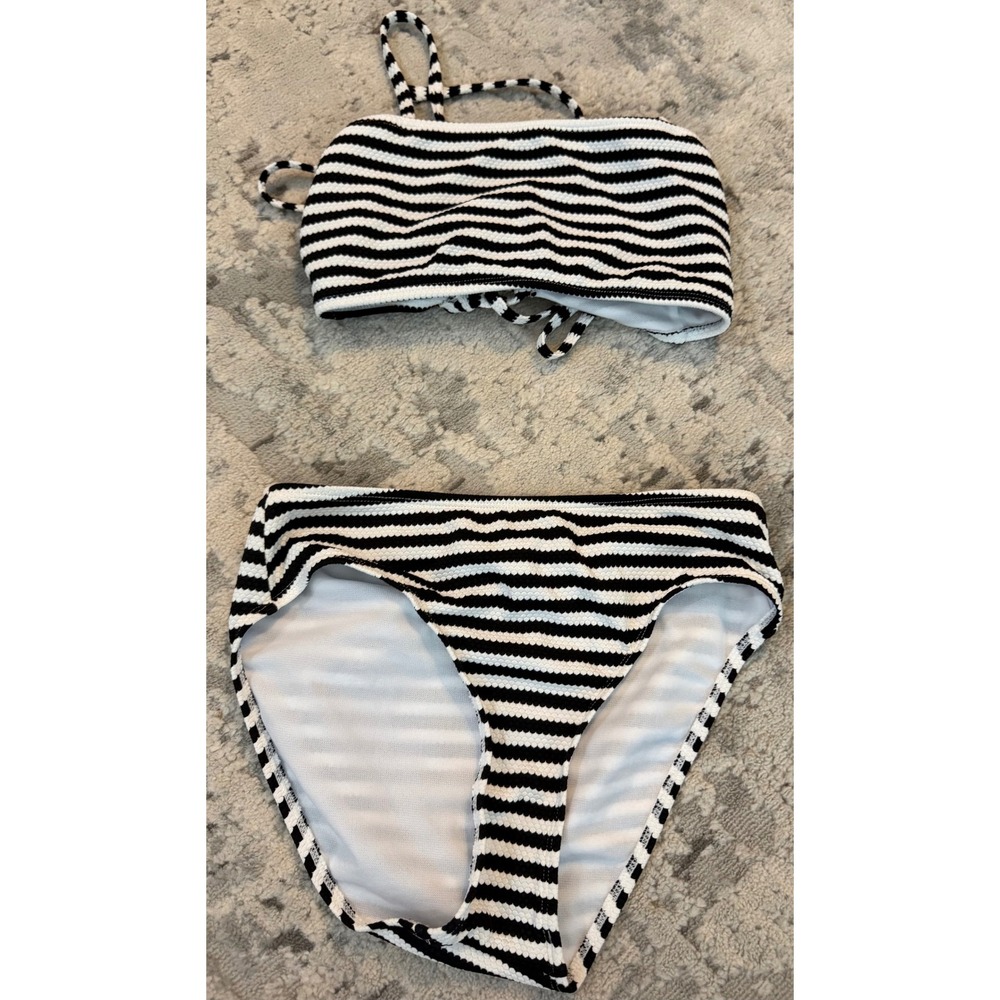 Sand Castle Womens Black White Striped Bikini Set‎ Bandeau Top High Cut Bottom S